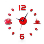 une horloge murale cuisine adhésive stickers avec des grains de café et des tasses de couleur rouge clair